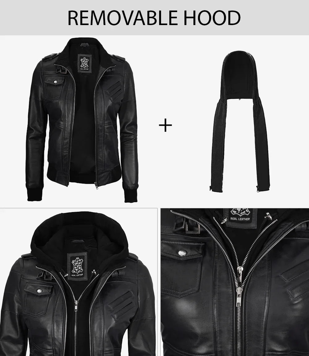 Edinburgh Womens Tall Black Leather Bomber Jacket With Removable Hood