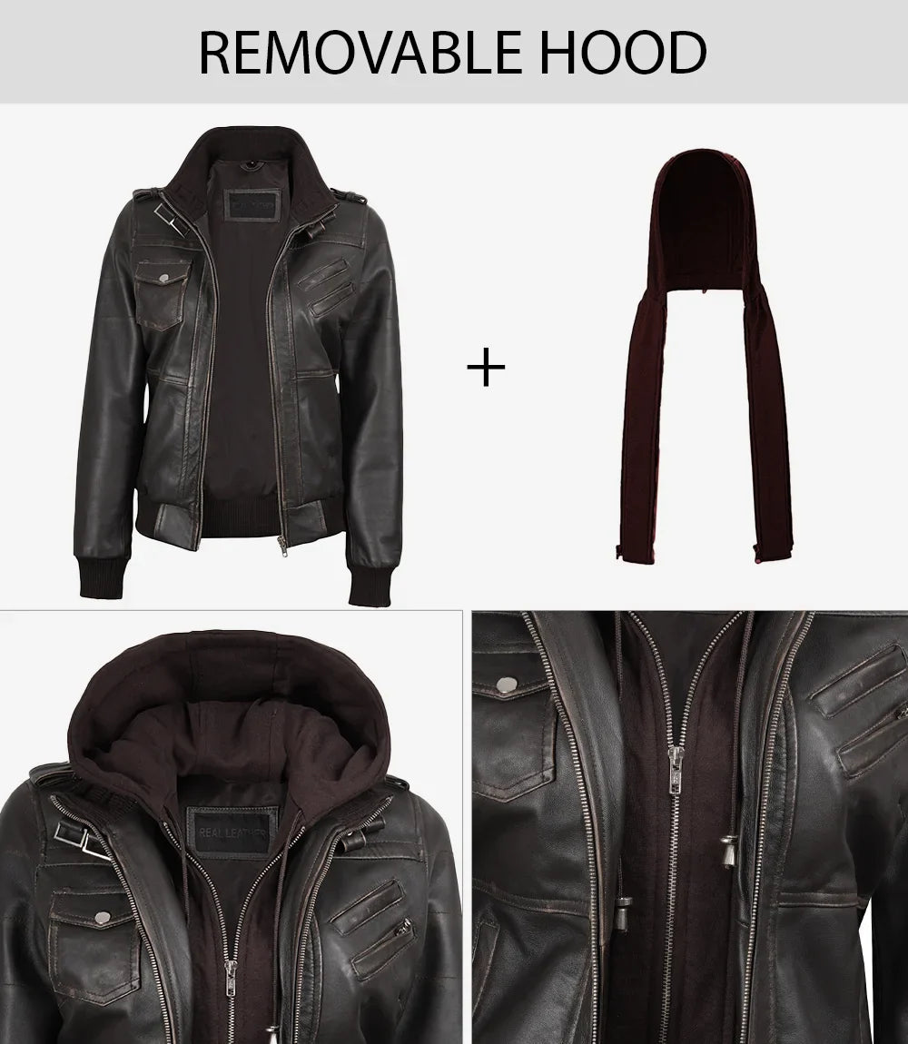Womens Distressed Brown Hooded Bomber Leather Jacket