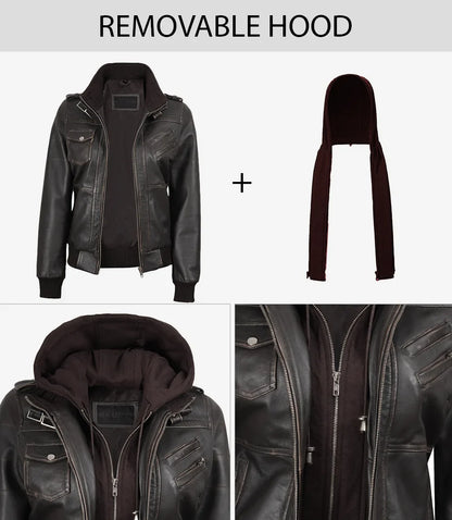 Womens Distressed Brown Hooded Bomber Leather Jacket