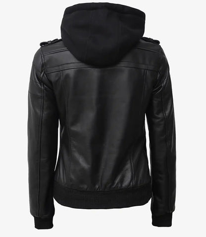 Edinburgh Womens Tall Black Leather Bomber Jacket With Removable Hood