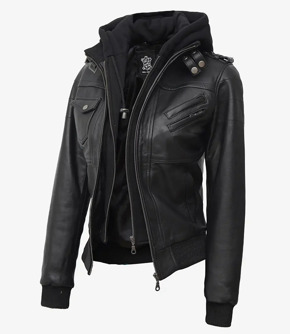 Edinburgh Womens Tall Black Leather Bomber Jacket With Removable Hood