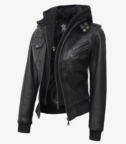 Edinburgh Womens Tall Black Leather Bomber Jacket With Removable Hood