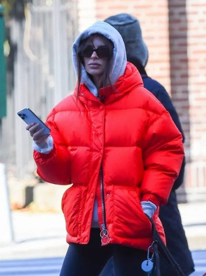Emily Ratajkowski Red Puffer Hooded Jacket