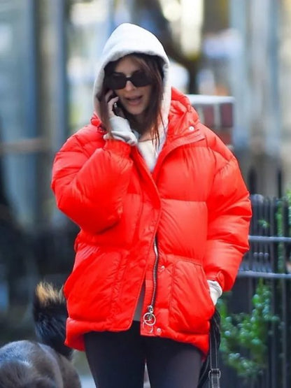 Emily Ratajkowski Red Puffer Hooded Jacket