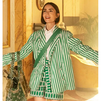 Emily In Paris S05 Lily Collins Green Striped Blazer
