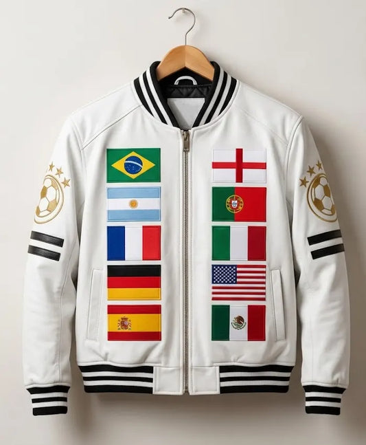 FI-FA World Cup 2026 All Team Flag White Leather Bomber Jacket