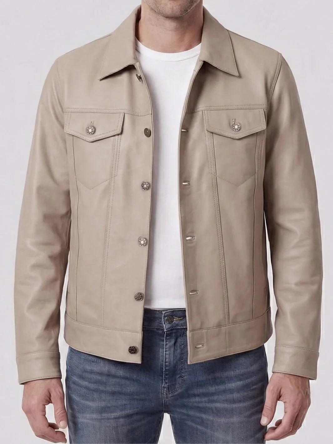 Fernando Men's Beige Real Trucker Leather Jacket