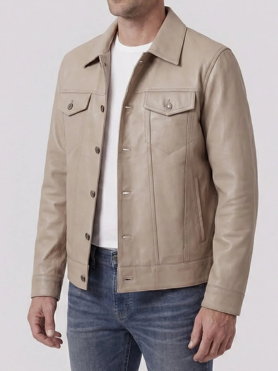 Fernando Men's Beige Real Trucker Leather Jacket