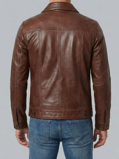 Fernando Men's Cognac Wax Leather Trucker Jacket