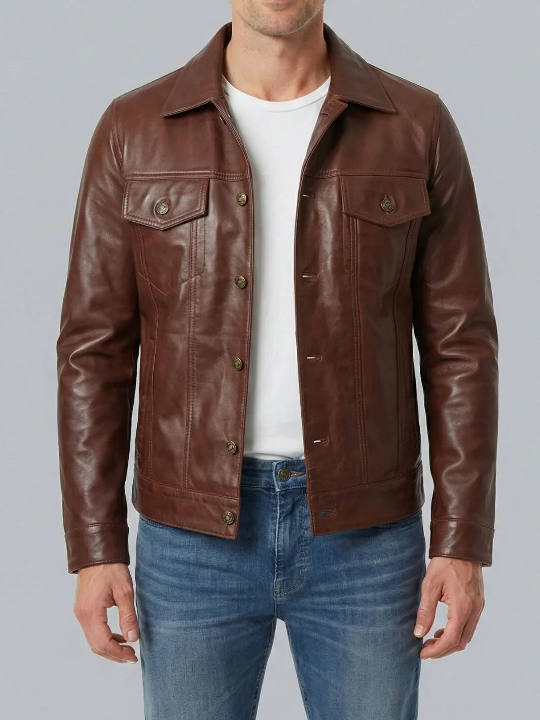 Fernando Men's Cognac Wax Leather Trucker Jacket