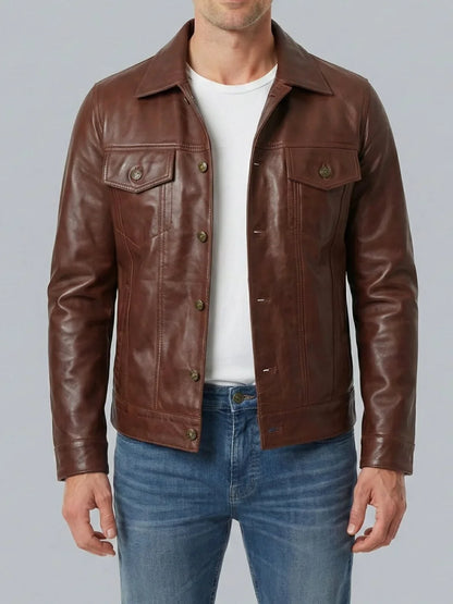 Fernando Men's Cognac Wax Leather Trucker Jacket