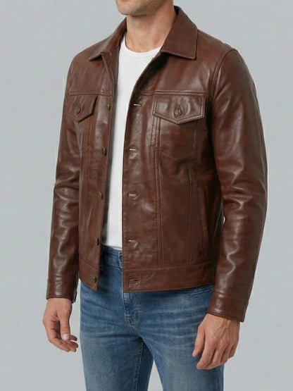 Fernando Men's Cognac Wax Leather Trucker Jacket