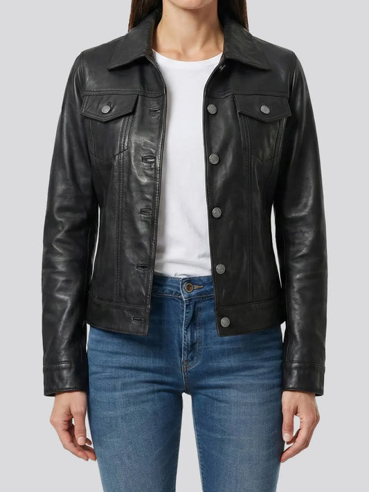 Women's Black Trucker Lambskin Leather Jacket