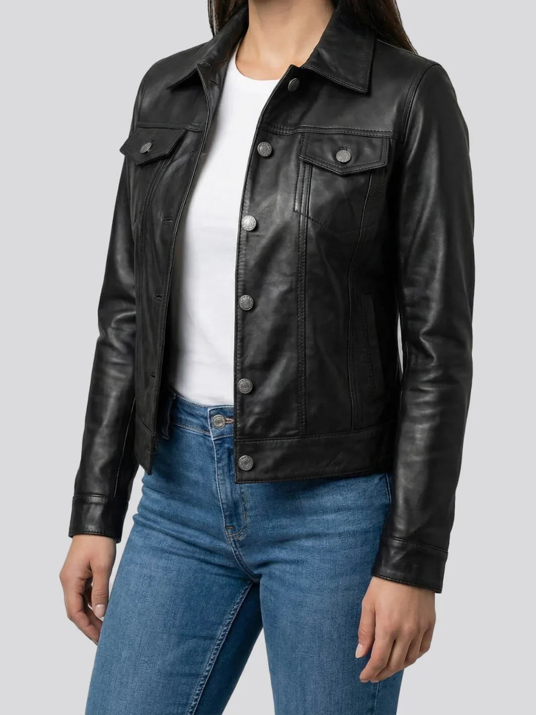 Women's Black Trucker Lambskin Leather Jacket