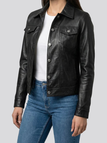 Women's Black Trucker Lambskin Leather Jacket