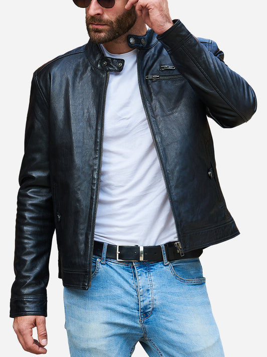 Jasiel Sheepskin Black Leather Racer Jacket Max Jackets