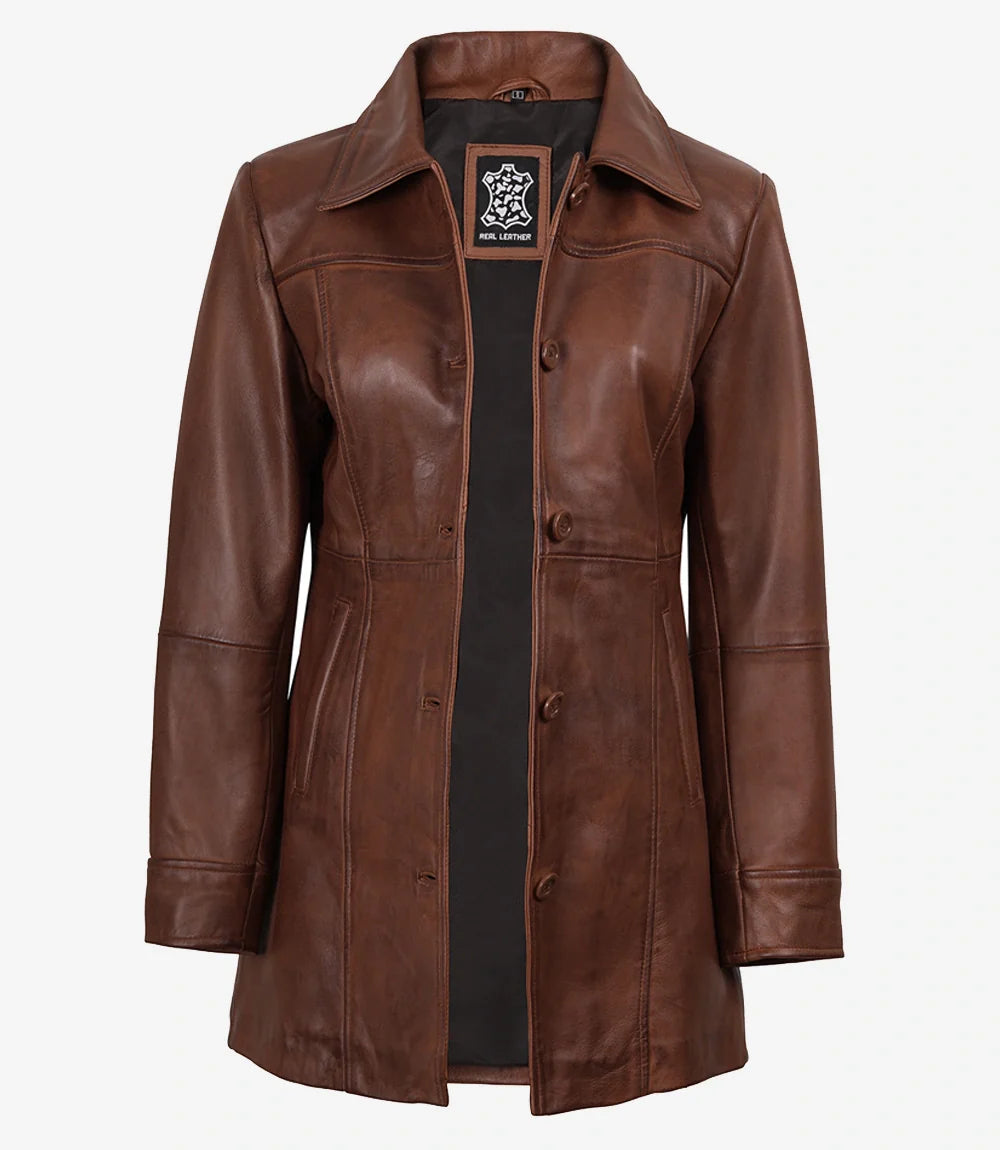 Womens Cognac 3/4 Length Button Down Leather Coat