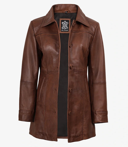 Womens Cognac 3/4 Length Button Down Leather Coat