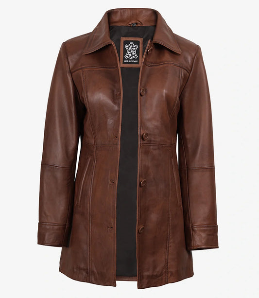 Womens Cognac 3/4 Length Button Down Leather Coat