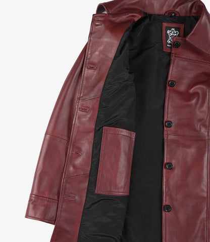 Womens Button Down Maroon Leather Car Coat