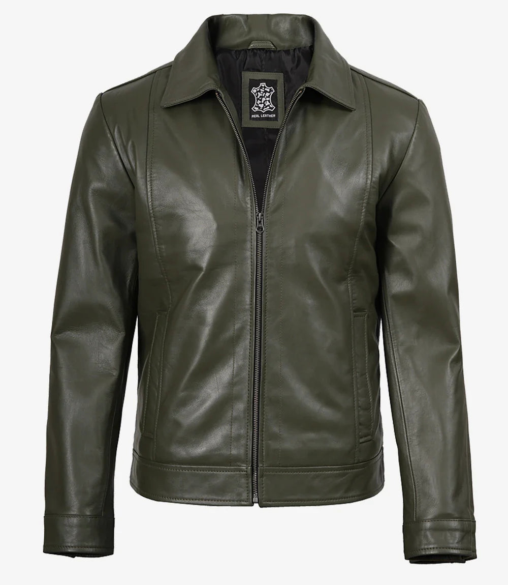 Men's Classic Shirt Collar Olive Green Leather Jacket