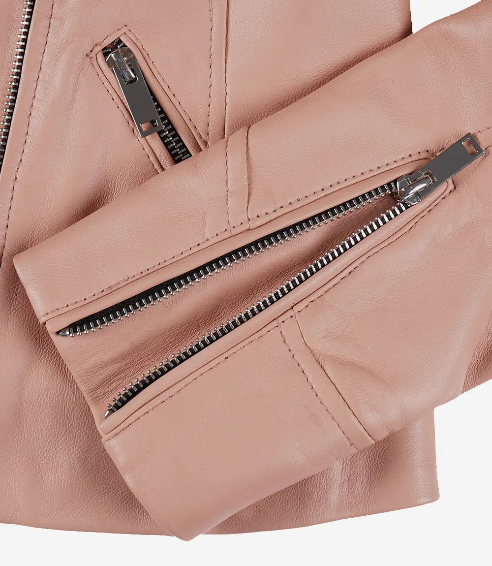 Women's Real Lambskin Leather Pink Asymmetrical Jacket