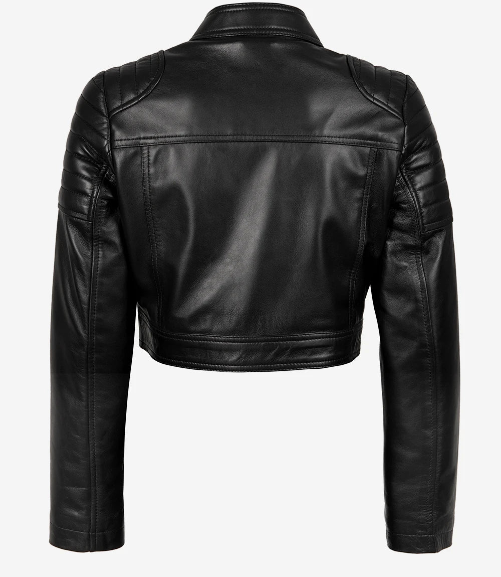 Black Cropped Leather Biker Style Jacket for Women