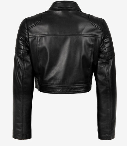 Black Cropped Leather Biker Style Jacket for Women