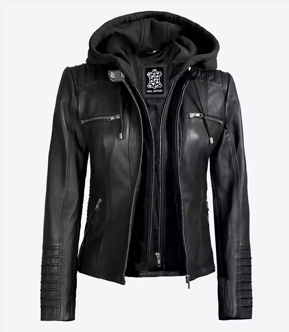 Women's Black Leather Jacket with Removable Hood