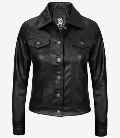 Women's Black Lambskin Leather Four-Pocket Trucker Jacket