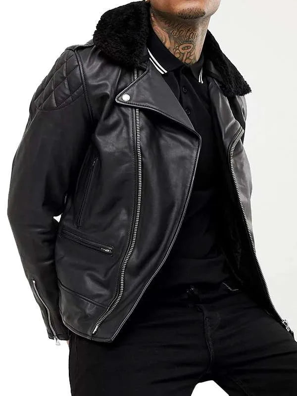 Men’s Black Biker Leather Jacket With Fur Collar Max Jackets