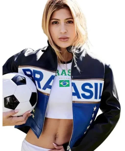 Gabrielle Figueiredo FI-FA World Cup 2026 Brazil Blue and Black Leather Jacket