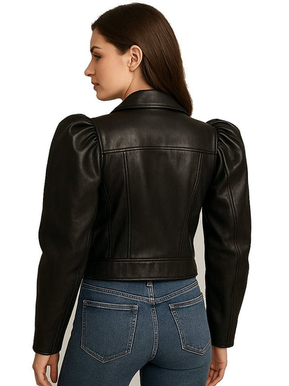 Gigot Sleeve Crop Moto Black Leather Jacket