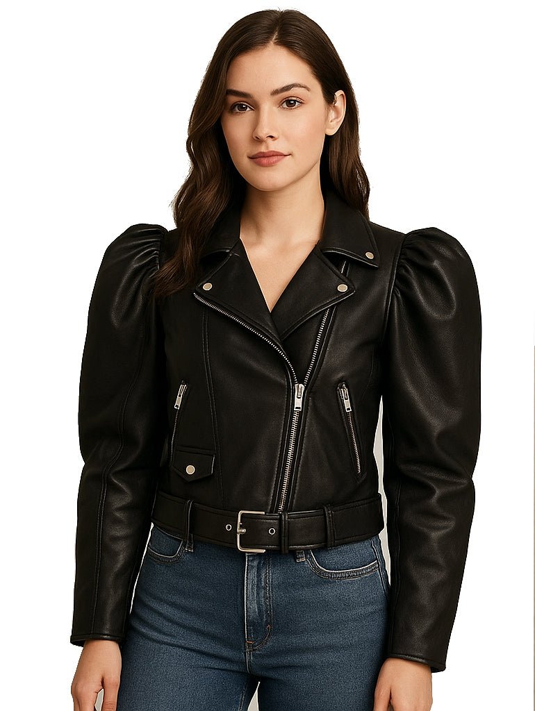 Gigot Sleeve Crop Moto Black Leather Jacket