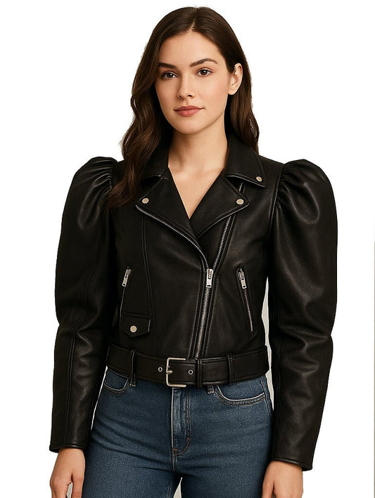 Gigot Sleeve Crop Moto Black Leather Jacket