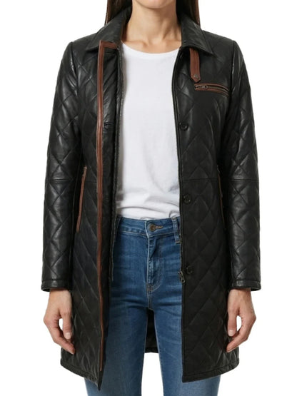 Women's Black Quilted Leather Car Coat