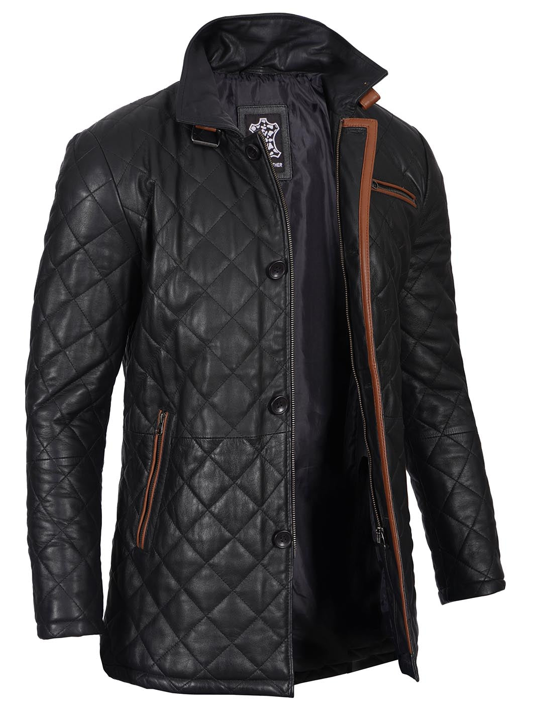 Glen Men's Black Diamond Quilted Leather Car Coat with Brown Trim