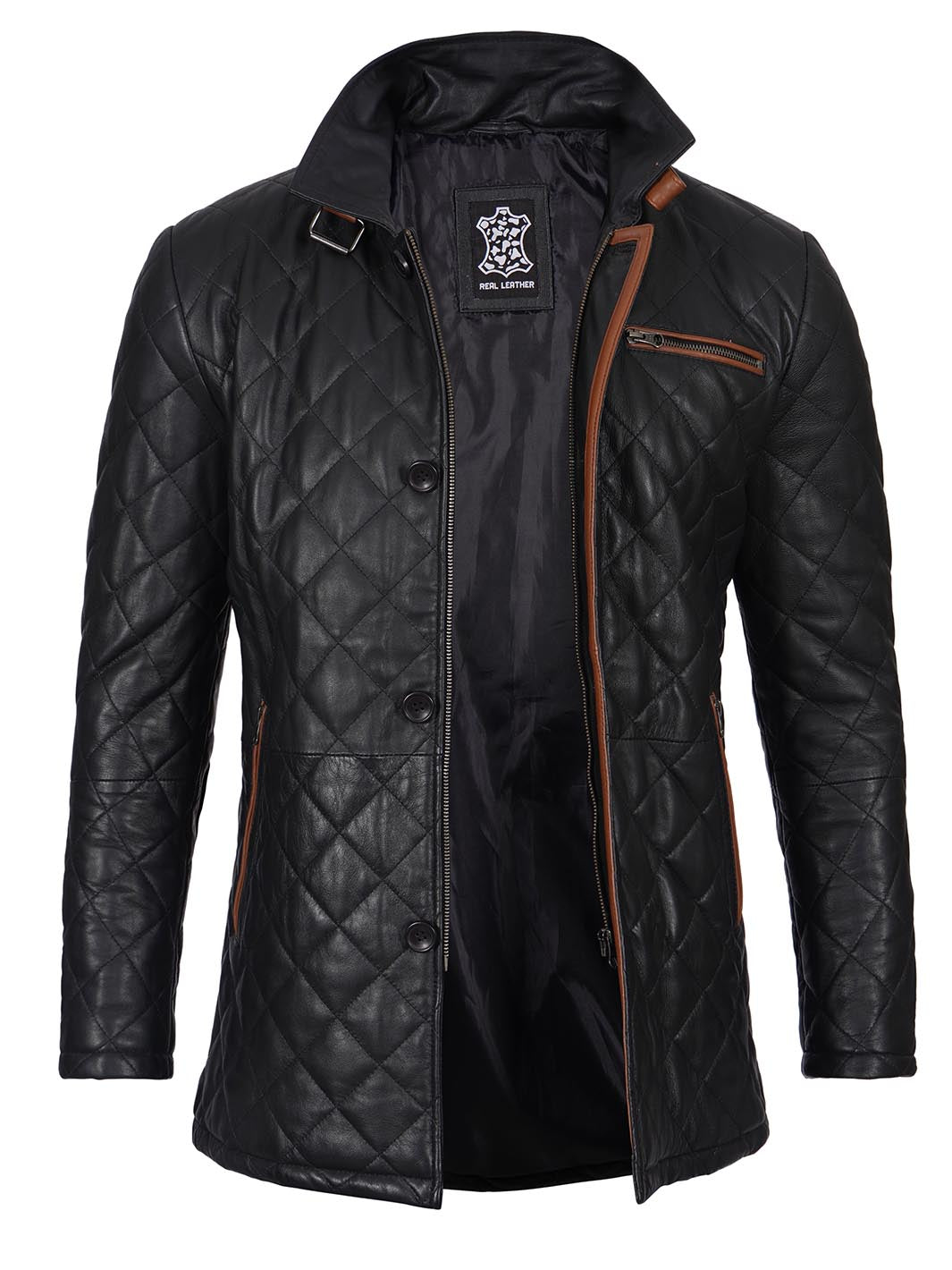 Glen Men's Black Diamond Quilted Leather Car Coat with Brown Trim