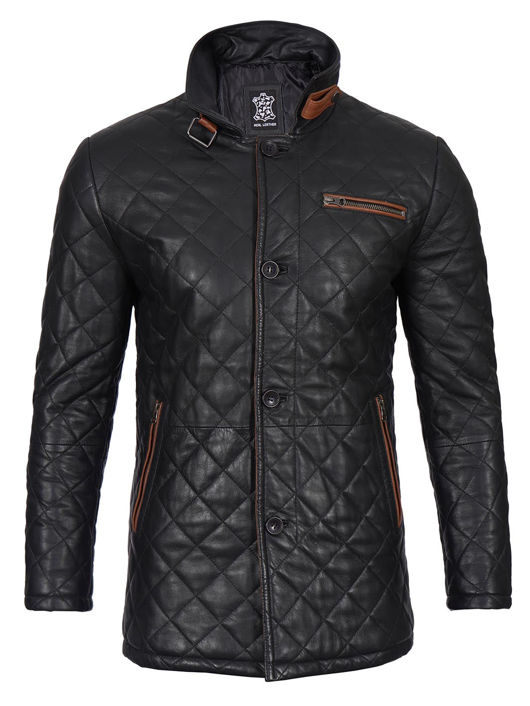 Glen Men's Black Diamond Quilted Leather Car Coat with Brown Trim