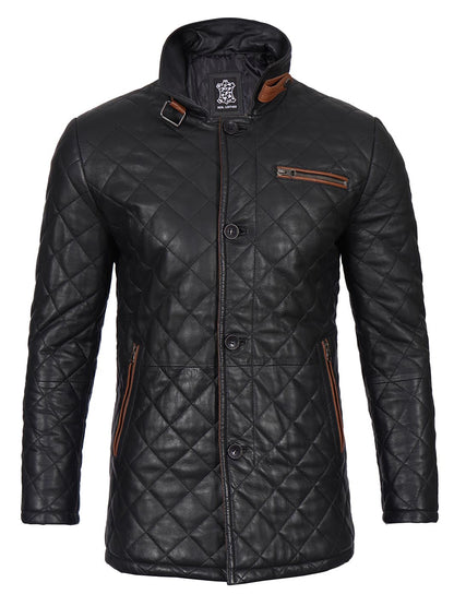 Glen Men's Black Diamond Quilted Leather Car Coat with Brown Trim