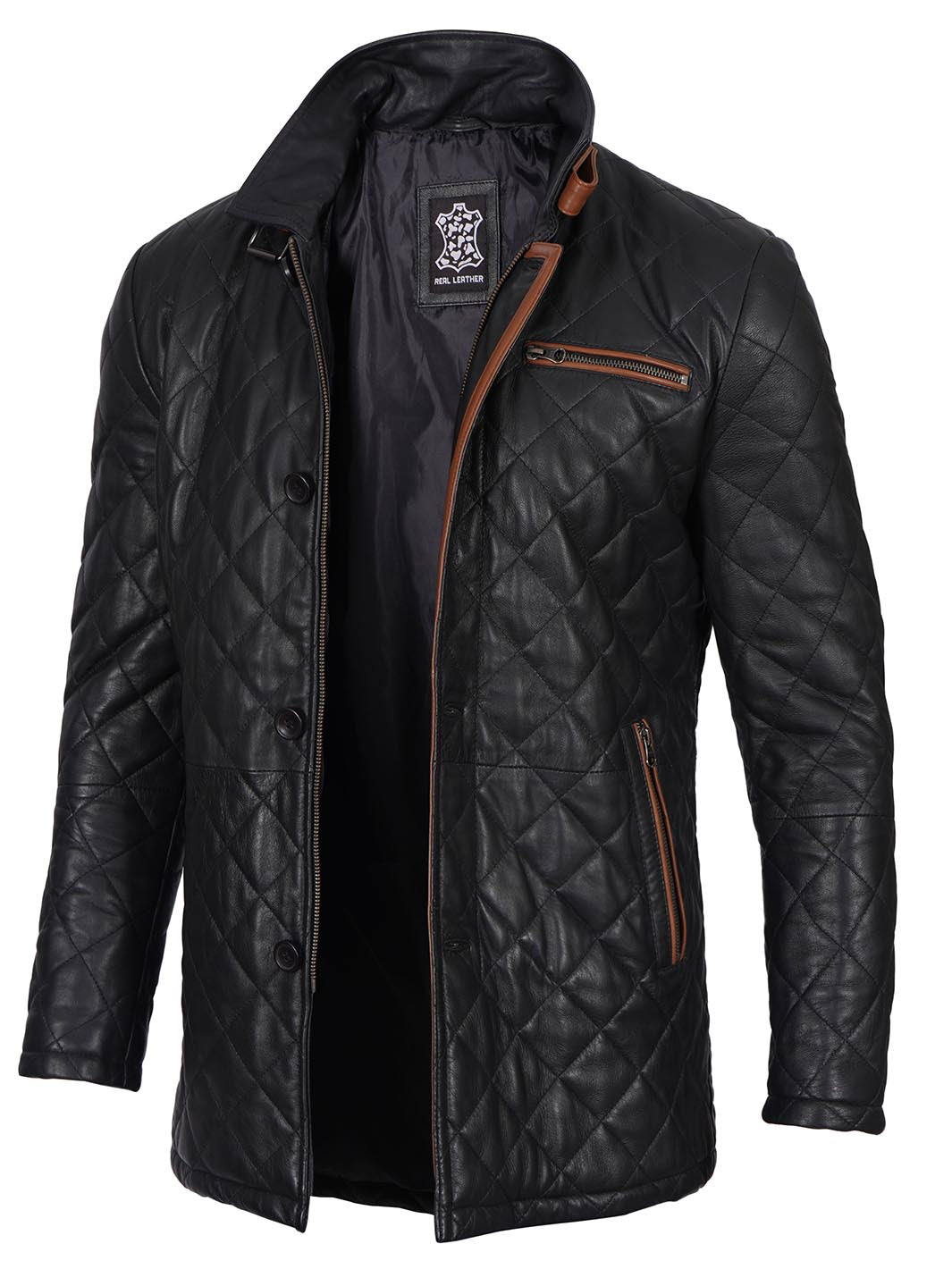 Glen Men's Black Diamond Quilted Leather Car Coat with Brown Trim
