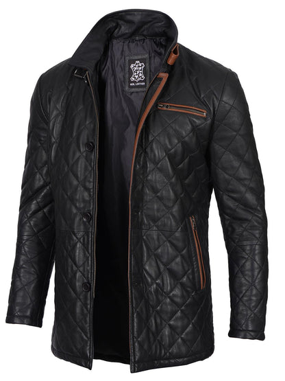 Glen Men's Black Diamond Quilted Leather Car Coat with Brown Trim