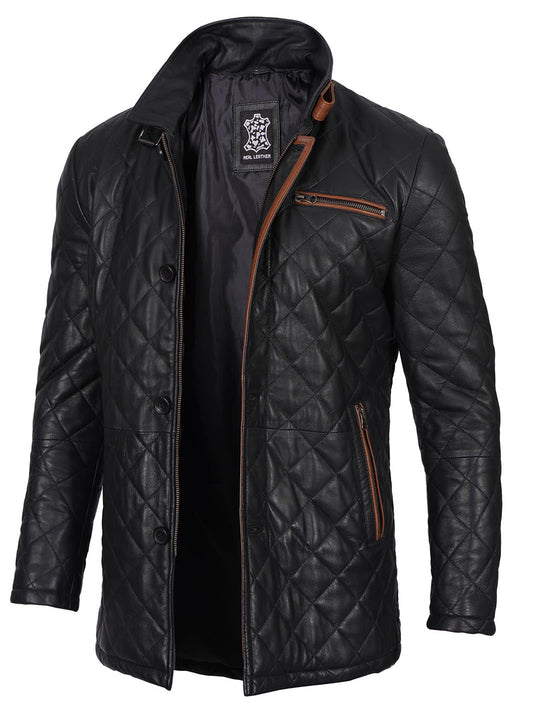 Glen Men's Black Diamond Quilted Leather Car Coat with Brown Trim