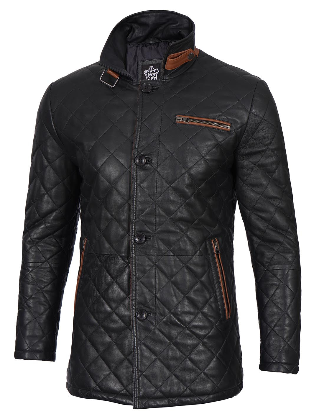 Glen Men's Black Diamond Quilted Leather Car Coat with Brown Trim