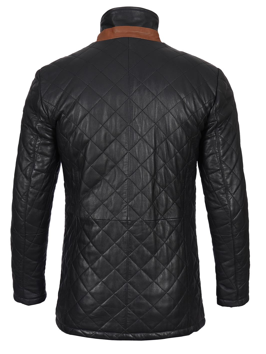 Glen Men's Black Diamond Quilted Leather Car Coat with Brown Trim