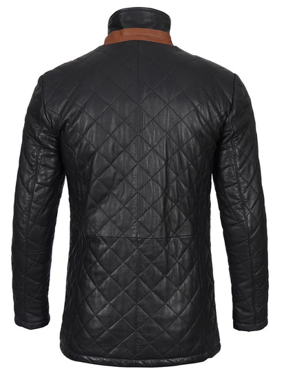 Glen Men's Black Diamond Quilted Leather Car Coat with Brown Trim