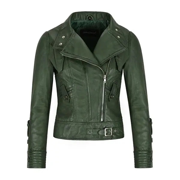 Green Leather Biker Jacket Women's - Max Jackets