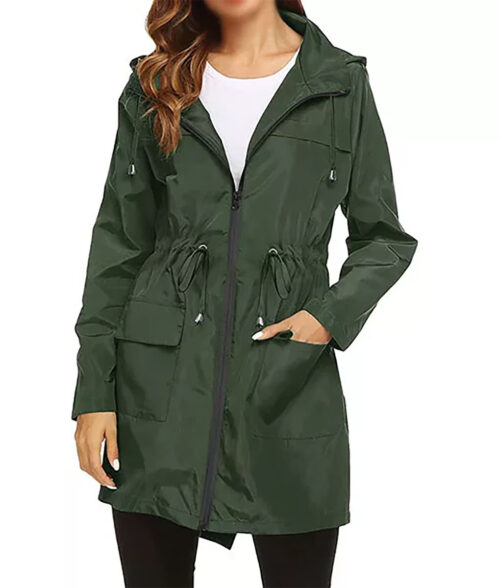 Green Zipper Hooded Rain Coat Max Jackets