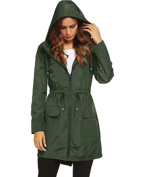 Green Zipper Hooded Rain Coat Max Jackets