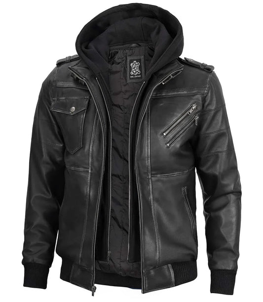 Men's Bomber Dark Grey Leather Jacket with Removable Hood